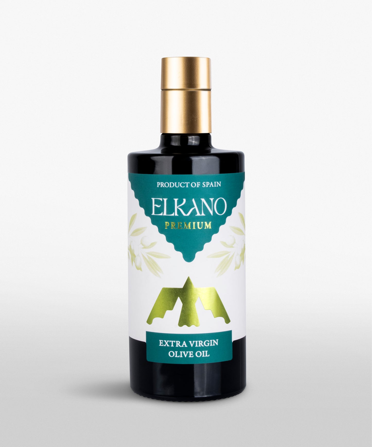 Bottle of Elkano Premium 500ml extra virgin olive oil - early harvest Spanish EVOO from Córdoba-on white background. Color scheme of label is green and gold with an Eagle logo on it. Text on the label says Elkano Premium, Product of Spain and Extra Virgin Olive Oil.